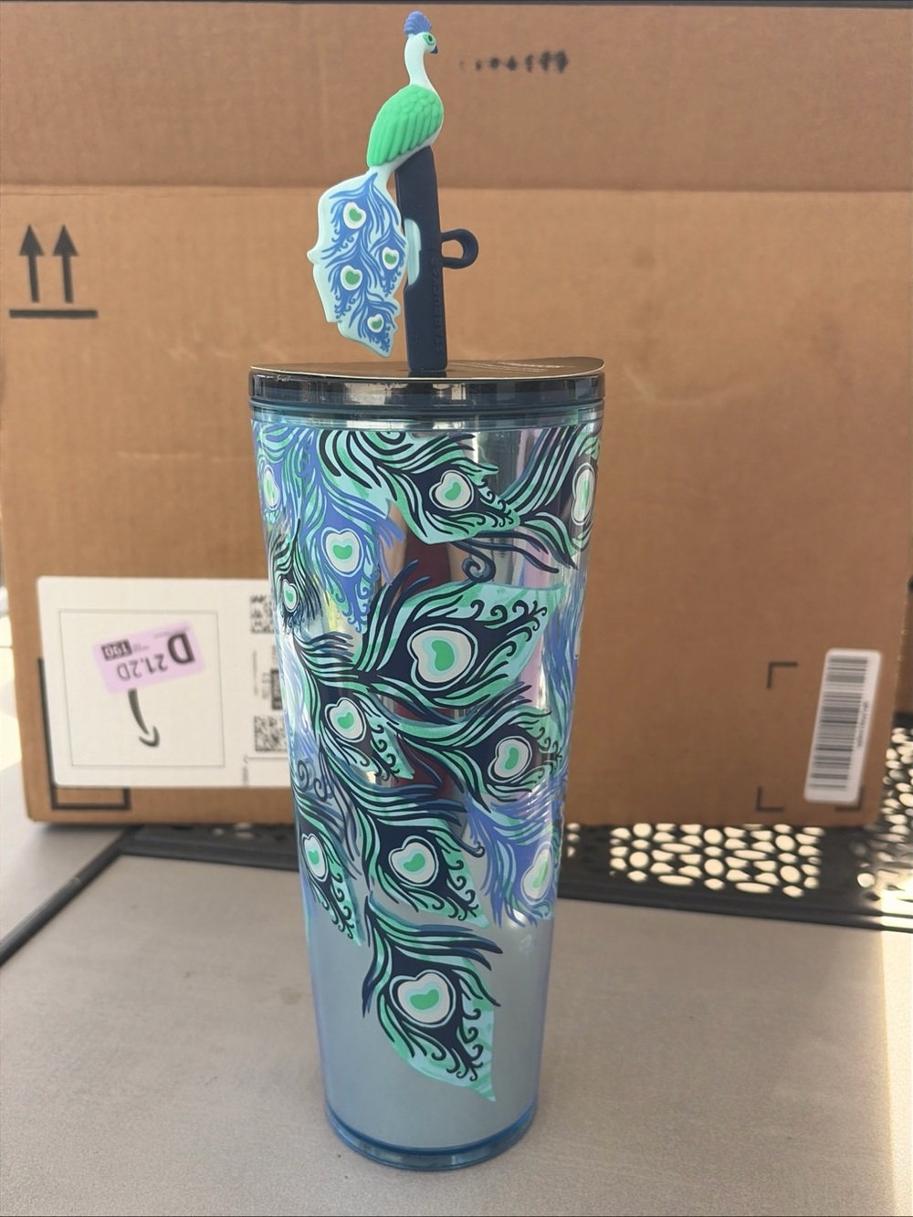 Starbucks NEW Peacock Blue Green Themed Tumbler w/Straw Cover 24oz Collectible